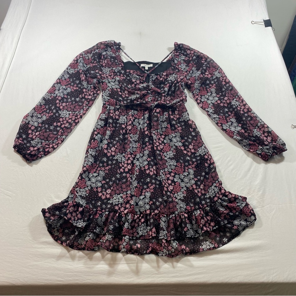 Maurice’s Floral Mini Dress Boho Women’s X-Small Black Pink Ruffle long sleeve - Picture 10 of 10